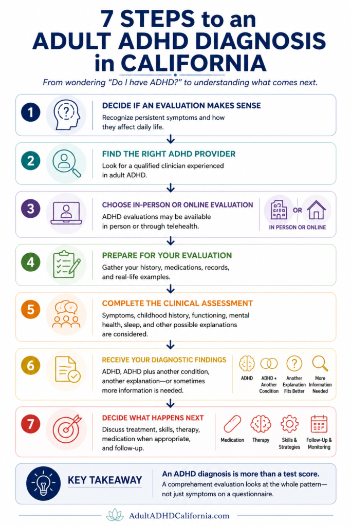 Infographic showing 7 steps to an adult ADHD diagnosis in California, from deciding whether to seek an evaluation through diagnosis and treatment planning.