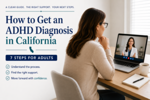 Adult woman completing an online ADHD evaluation with a healthcare provider via telehealth in California.