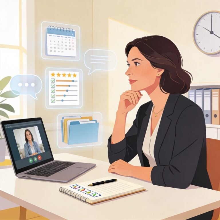 Professional woman during telehealth ADHD evaluation in Southern California home office, with assessment icons and checklist