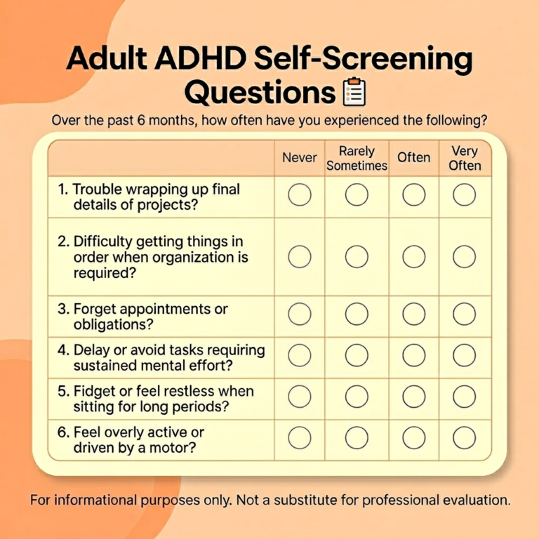 "Infographic titled 'Adult ADHD Self-Screening Questions' asking how often over the past 6 months the reader has experienced six symptoms, including difficulty finishing projects, staying organized, remembering appointments, avoiding mental effort tasks, fidgeting, and feeling overly active. Response options are Never, Rarely, Sometimes, Often, and Very Often, with empty circles for each. Disclaimer at bottom reads: For informational purposes only. Not a substitute for professional evaluation.
