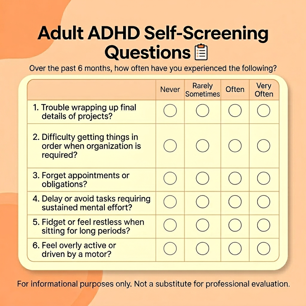 "Infographic titled 'Adult ADHD Self-Screening Questions' asking how often over the past 6 months the reader has experienced six symptoms, including difficulty finishing projects, staying organized, remembering appointments, avoiding mental effort tasks, fidgeting, and feeling overly active. Response options are Never, Rarely, Sometimes, Often, and Very Often, with empty circles for each. Disclaimer at bottom reads: For informational purposes only. Not a substitute for professional evaluation.