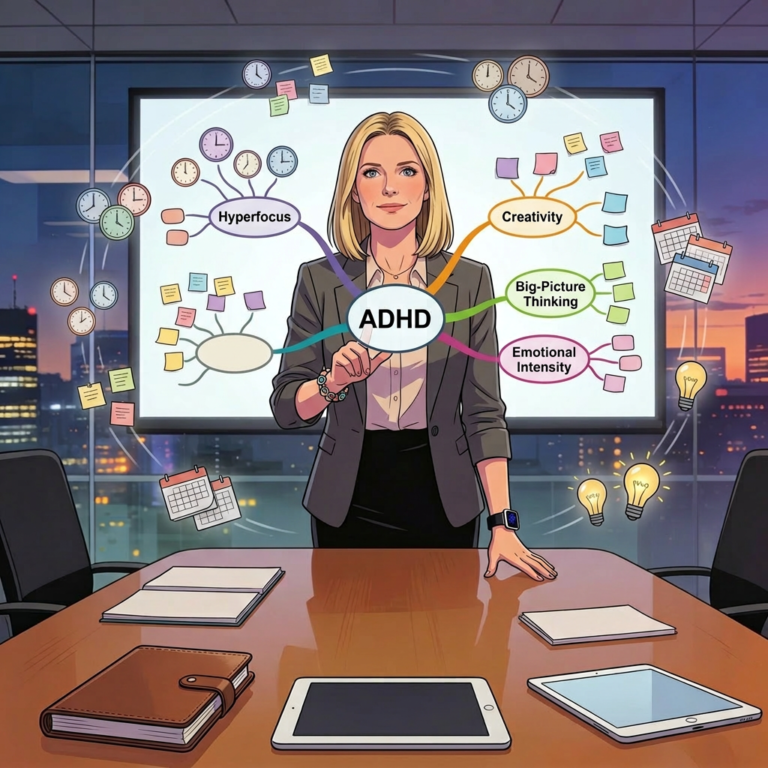 High-achieving professional woman presenting ADHD traits including hyperfocus, creativity, big-picture thinking, and emotional intensity in a modern office setting