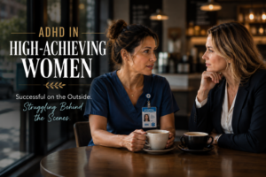 High-achieving women with ADHD, including a healthcare professional in scrubs and a business professional, talking over coffee.