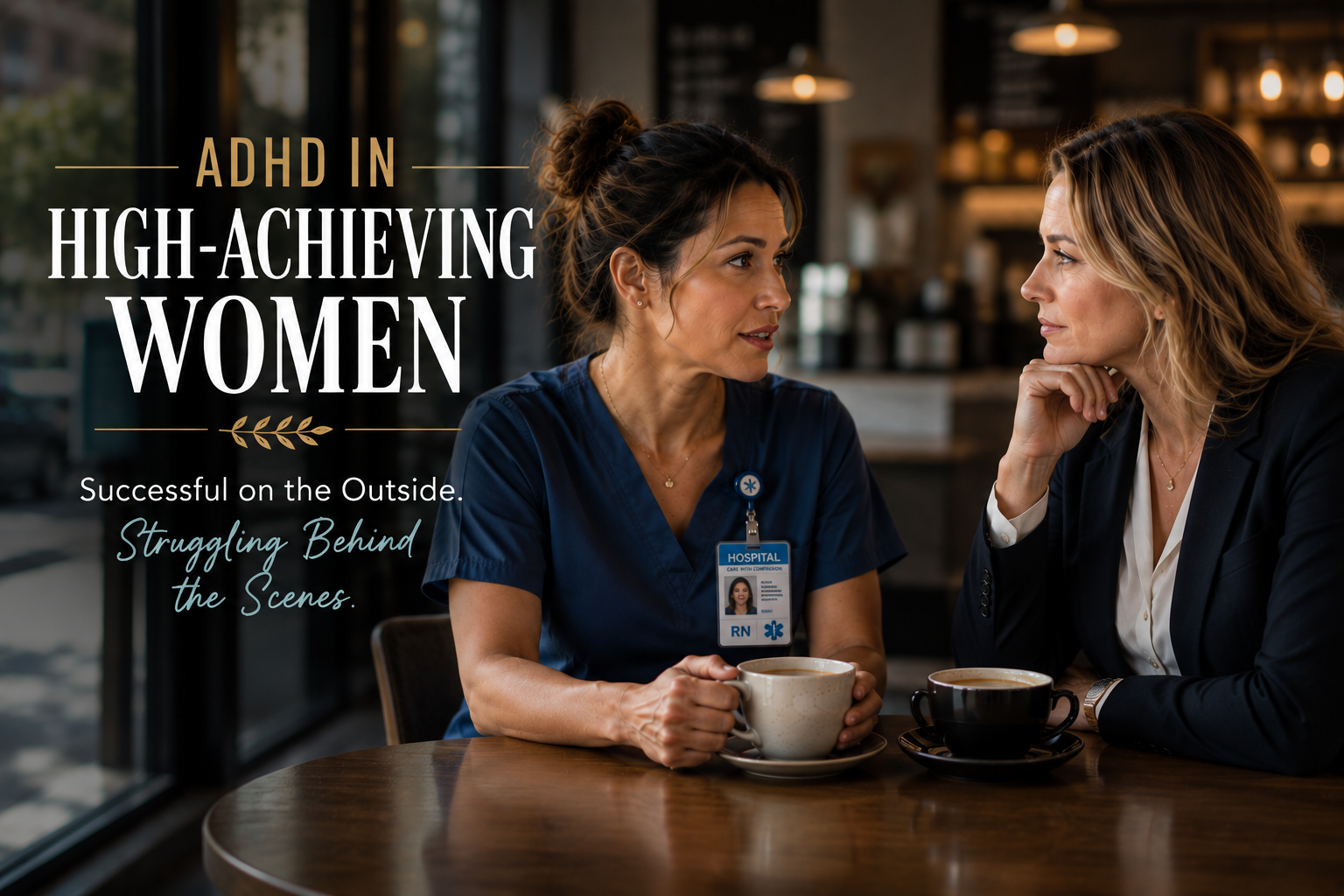 High-achieving women with ADHD, including a healthcare professional in scrubs and a business professional, talking over coffee.