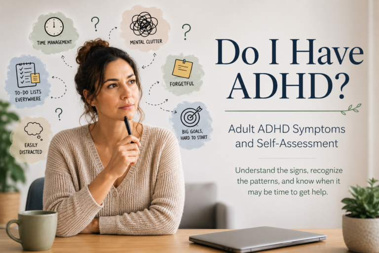 Adult woman wondering if she has ADHD with signs including distractibility, forgetfulness, time management difficulties, and trouble starting tasks