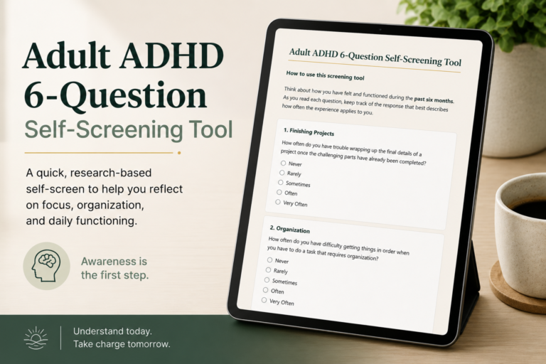 Adult ADHD 6-question self-screening tool displayed on a tablet