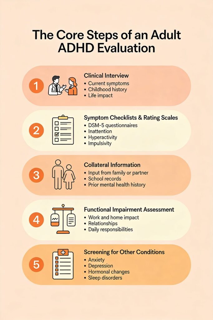Infographic showing 5 core steps of adult ADHD evaluation: 
clinical interview, symptom checklists, collateral information, 
functional impairment, and screening for other conditions