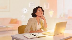 Adult woman reflecting on ADHD symptoms with thought icons representing inattention, time management, and mental load