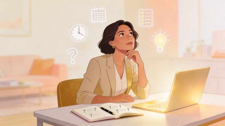 Adult woman reflecting on ADHD symptoms with thought icons representing inattention, time management, and mental load