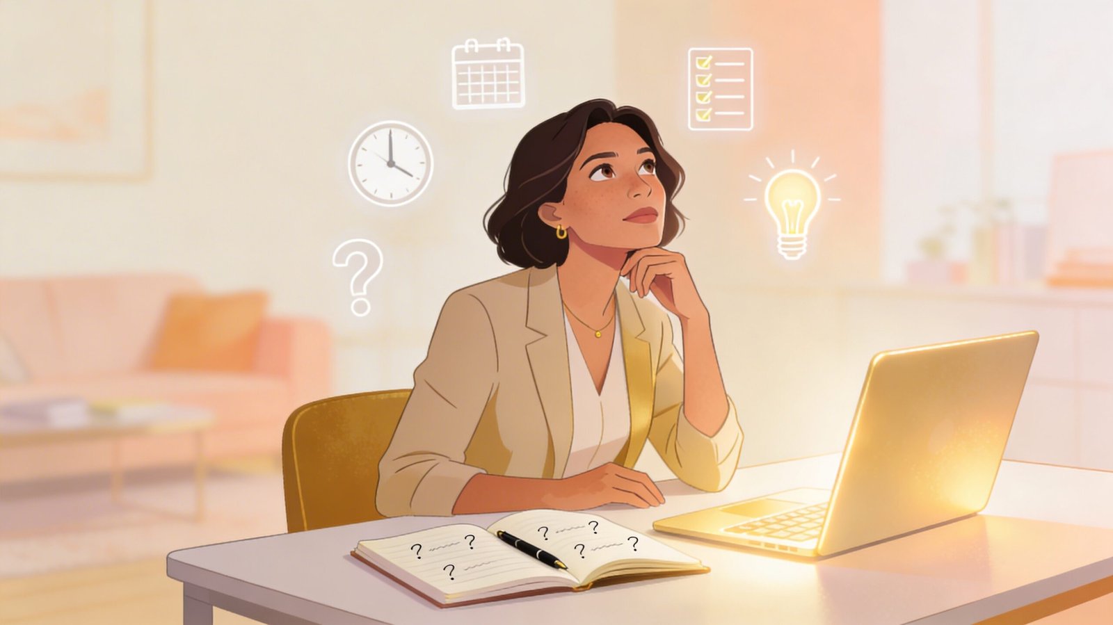 Adult woman reflecting on ADHD symptoms with thought icons representing inattention, time management, and mental load