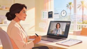 Professional woman during telehealth adult ADHD evaluation in California home office with clinical assessment icons and checklist