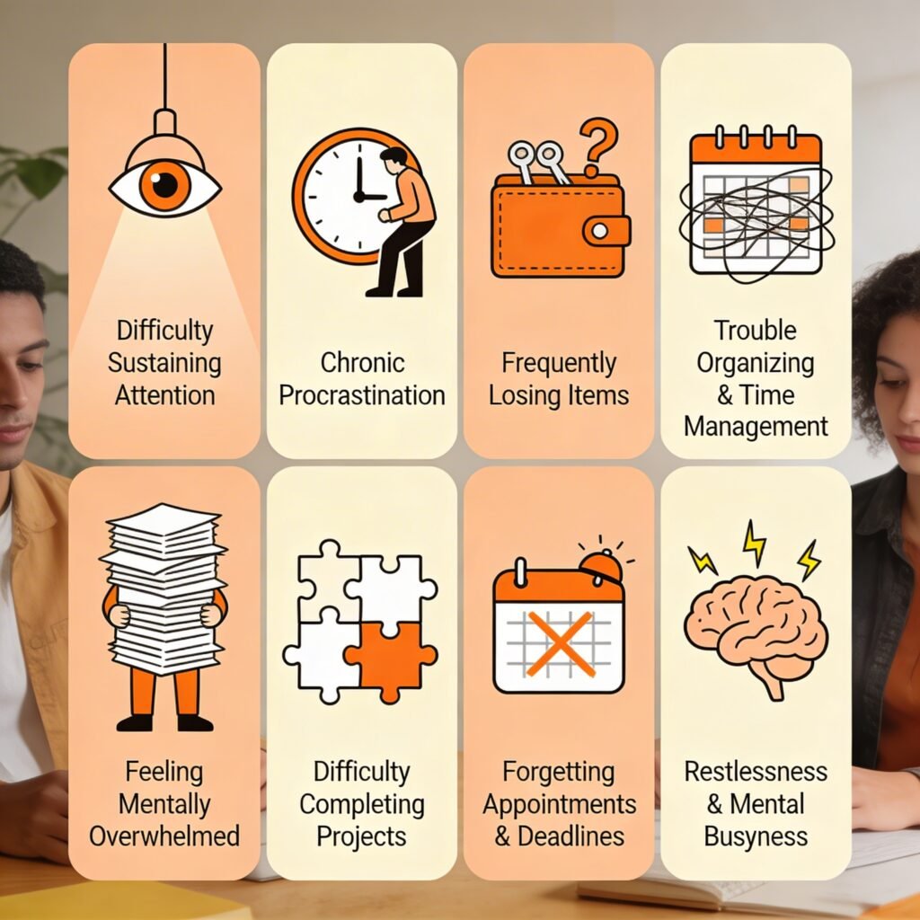 8 common adult ADHD symptoms illustrated: difficulty sustaining 
attention, chronic procrastination, losing items, trouble organizing, 
mental overwhelm, incomplete projects, forgetting deadlines, restlessness