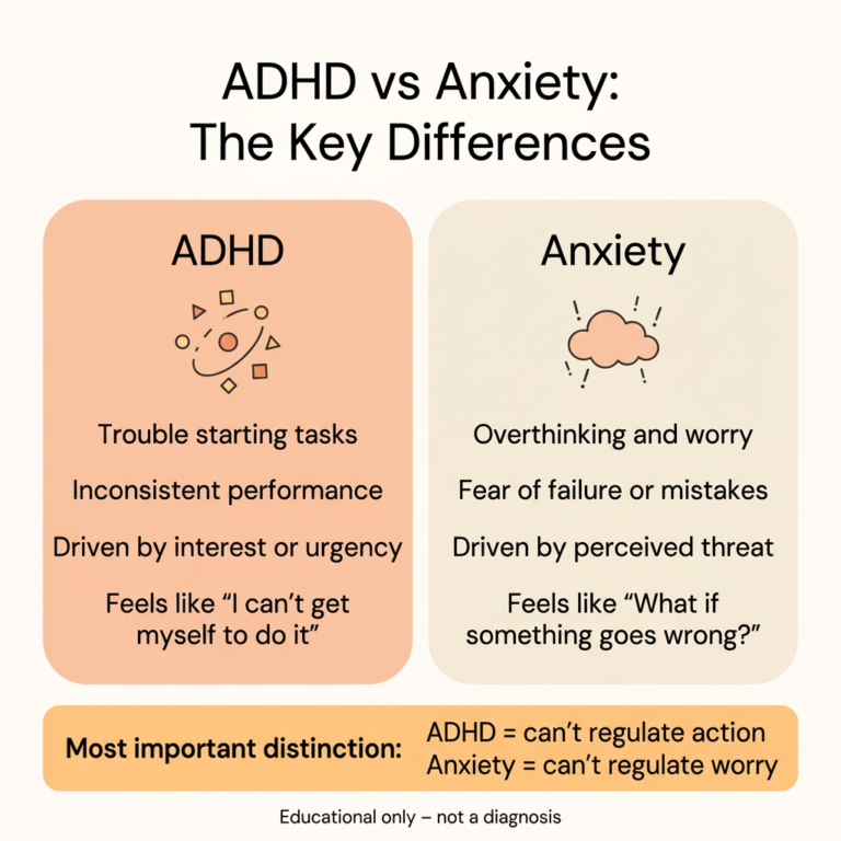 "Infographic comparing ADHD vs Anxiety key differences. Left panel lists ADHD symptoms: trouble starting tasks, inconsistent performance, driven by interest or urgency, and feeling like 'I can't get myself to do it.' Right panel lists Anxiety symptoms: overthinking and worry, fear of failure or mistakes, driven by perceived threat, and feeling like 'What if something goes wrong?' Bottom bar highlights the most important distinction: ADHD equals can't regulate action; Anxiety equals can't regulate worry."