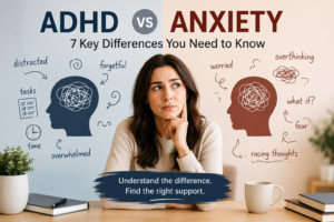 ADHD vs Anxiety comparison showing differences between distraction, restlessness, worry, and overthinking in adults