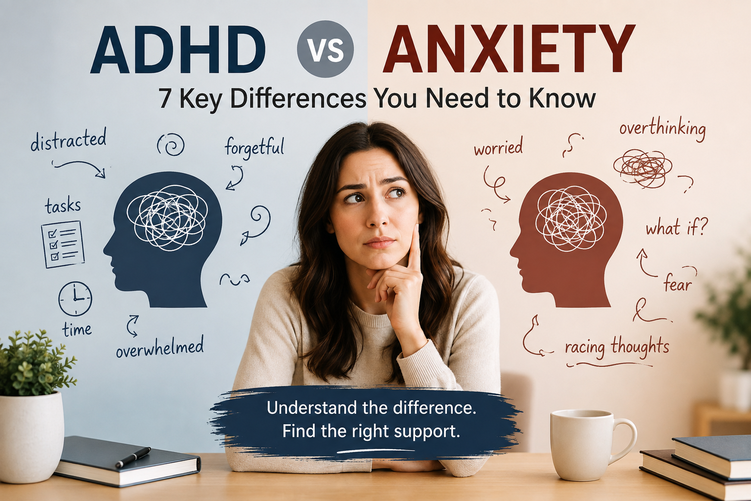 ADHD vs Anxiety comparison showing differences between distraction, restlessness, worry, and overthinking in adults