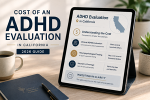 Cost of an ADHD evaluation in California with clinical evaluation, neuropsychological testing, and insurance information.
