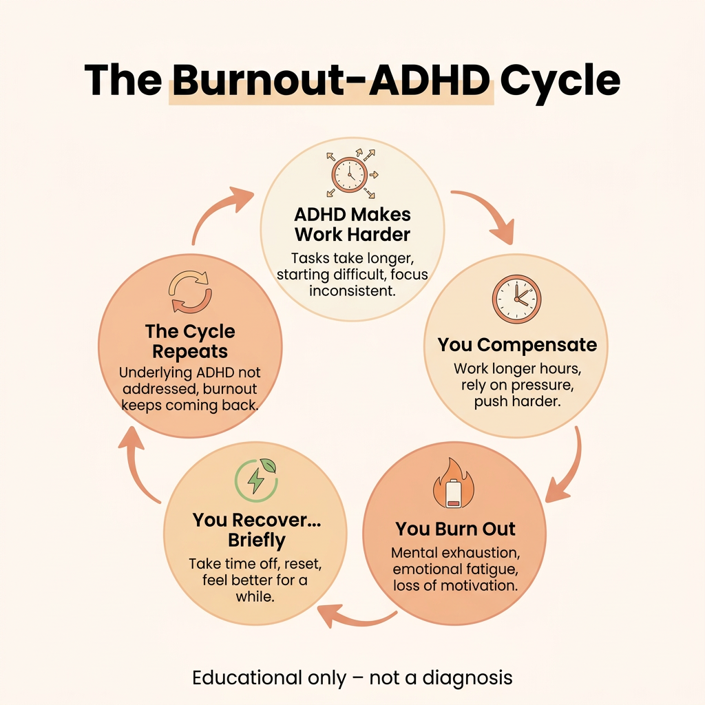 Burnout ADHD cycle diagram showing how ADHD leads to overwork, burnout, brief recovery, and repeated stress cycle in adults