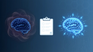 Split illustration showing two brain icons — a dim foggy brain representing burnout on the left and an electric blue brain with lightning bolts representing ADHD on the right, separated by a checklist clipboard