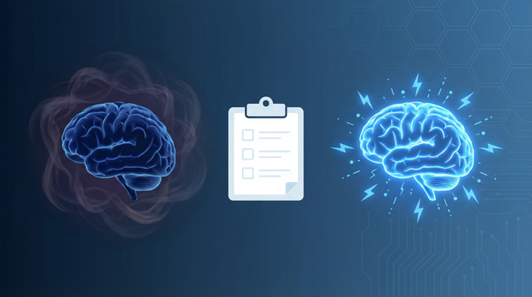 Split illustration showing two brain icons — a dim foggy brain representing burnout on the left and an electric blue brain with lightning bolts representing ADHD on the right, separated by a checklist clipboard