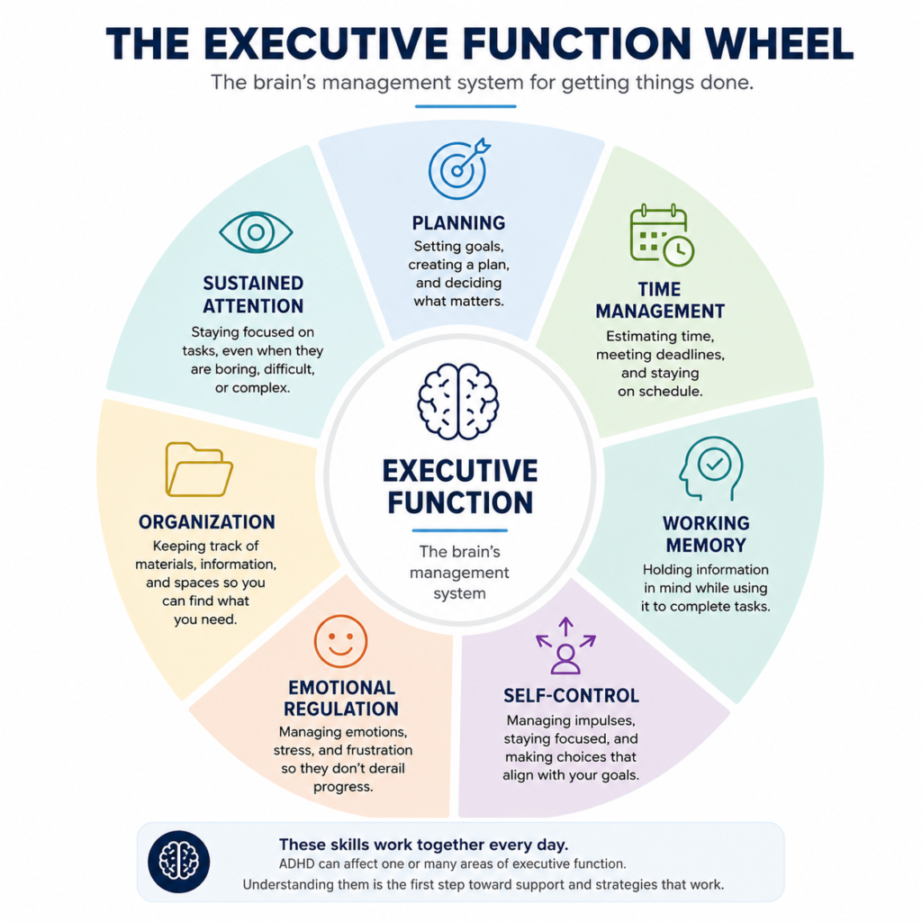 Executive Function Wheel illustrating the seven core executive functioning skills commonly affected in adults with ADHD, including planning, time management, working memory, organization, sustained attention, emotional regulation, and self-control.