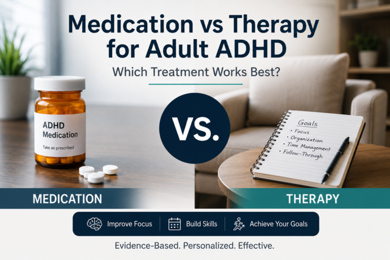 Medication vs therapy for adult ADHD comparison showing medication and cognitive behavioral therapy (CBT) as evidence-based treatment options.