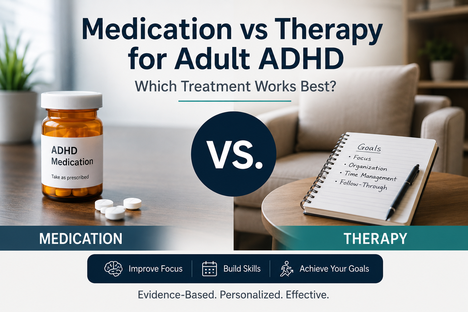 Medication vs therapy for adult ADHD comparison showing medication and cognitive behavioral therapy (CBT) as evidence-based treatment options.