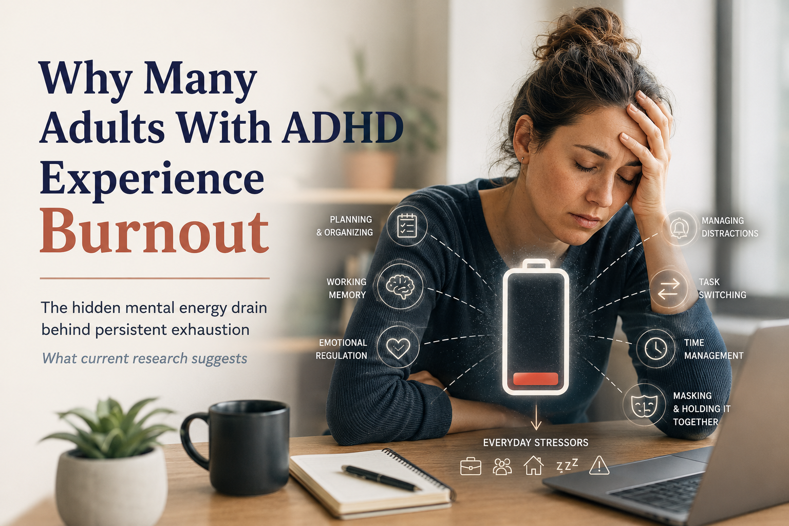 Professional experiencing mental exhaustion at work, illustrating how current research explains ADHD burnout and cognitive overload.