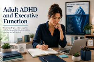 Adult ADHD and Executive Function illustrated by a professional working at a desk with an executive dysfunction iceberg poster in the background.
