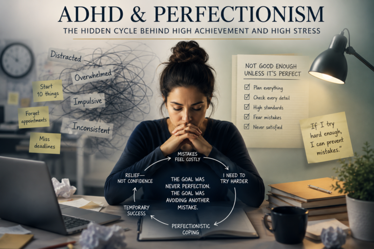ADHD and perfectionism conceptual illustration showing a high-achieving adult caught between executive function challenges and perfectionistic coping, representing the hidden emotional struggles discussed in this article.