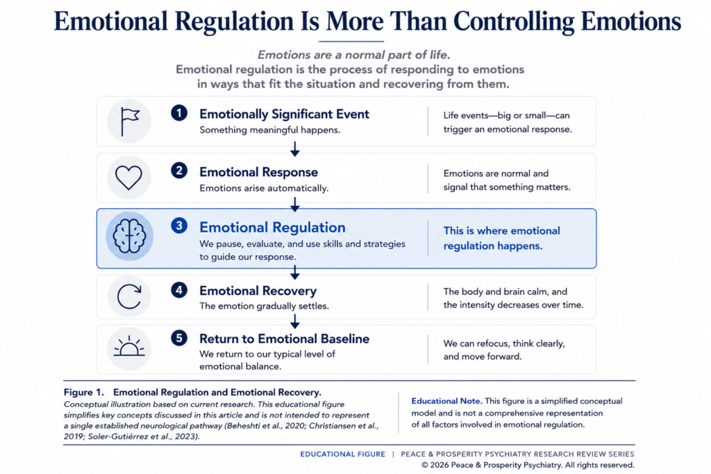 Infographic illustrating emotional regulation and adult ADHD, showing how emotional triggers, emotional recognition, intentional responses, and emotional recovery work together to return to emotional baseline.