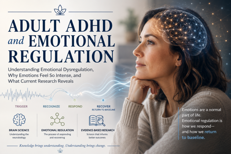 Feature image illustrating emotional regulation and adult ADHD, showing the journey from emotional triggers to intentional responses and emotional recovery through neuroscience and evidence-based understanding.
