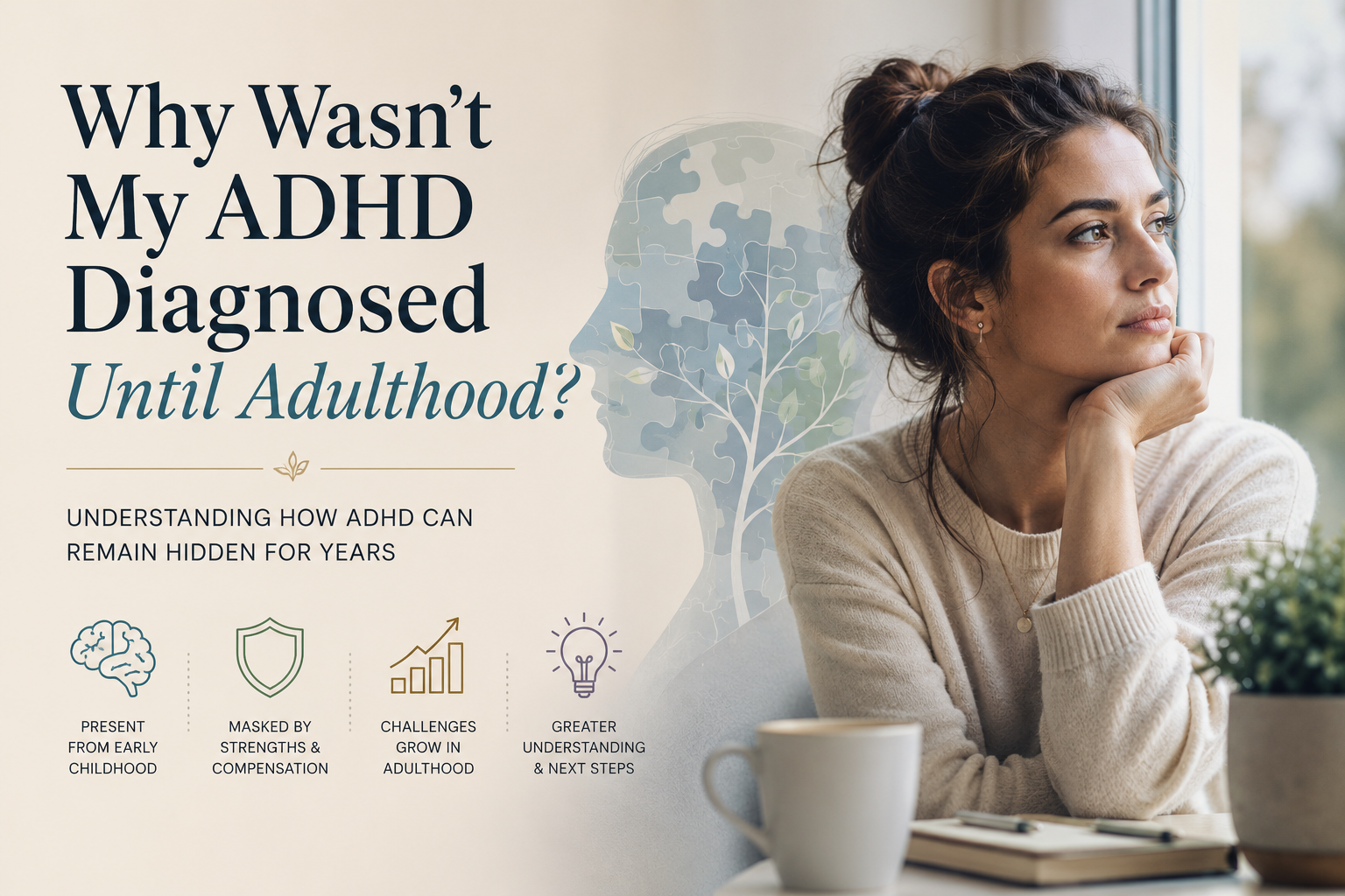 Illustration of an adult reflecting on a late ADHD diagnosis, representing how ADHD can remain hidden until adulthood through compensation, supportive environments, and increasing life demands.