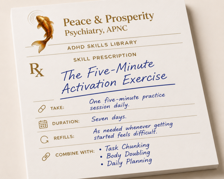 Prescription-style cover for the ADHD Skills Library featuring The Five-Minute Activation Exercise, an evidence-informed ADHD skill for overcoming task initiation and procrastination.