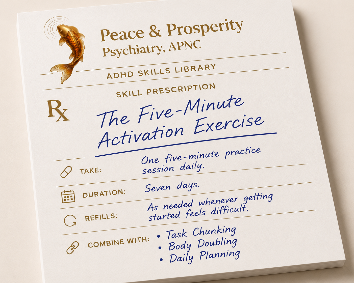 Prescription-style cover for the ADHD Skills Library featuring The Five-Minute Activation Exercise, an evidence-informed ADHD skill for overcoming task initiation and procrastination.