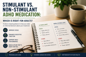 Infographic comparing stimulant and non-stimulant ADHD medications for adults, highlighting key pros and cons to help patients understand evidence-based treatment options.