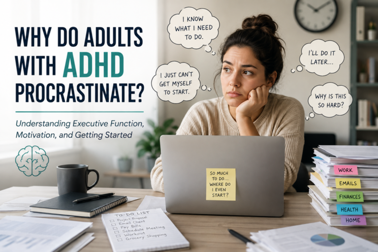 Why adults with ADHD procrastinate: professional struggling to start work because of executive function challenges.