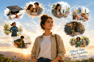 Illustration of an adult looking confidently toward the future while surrounded by symbols of education, career, family, creativity, health, and community, representing the many ways people with ADHD can achieve success.