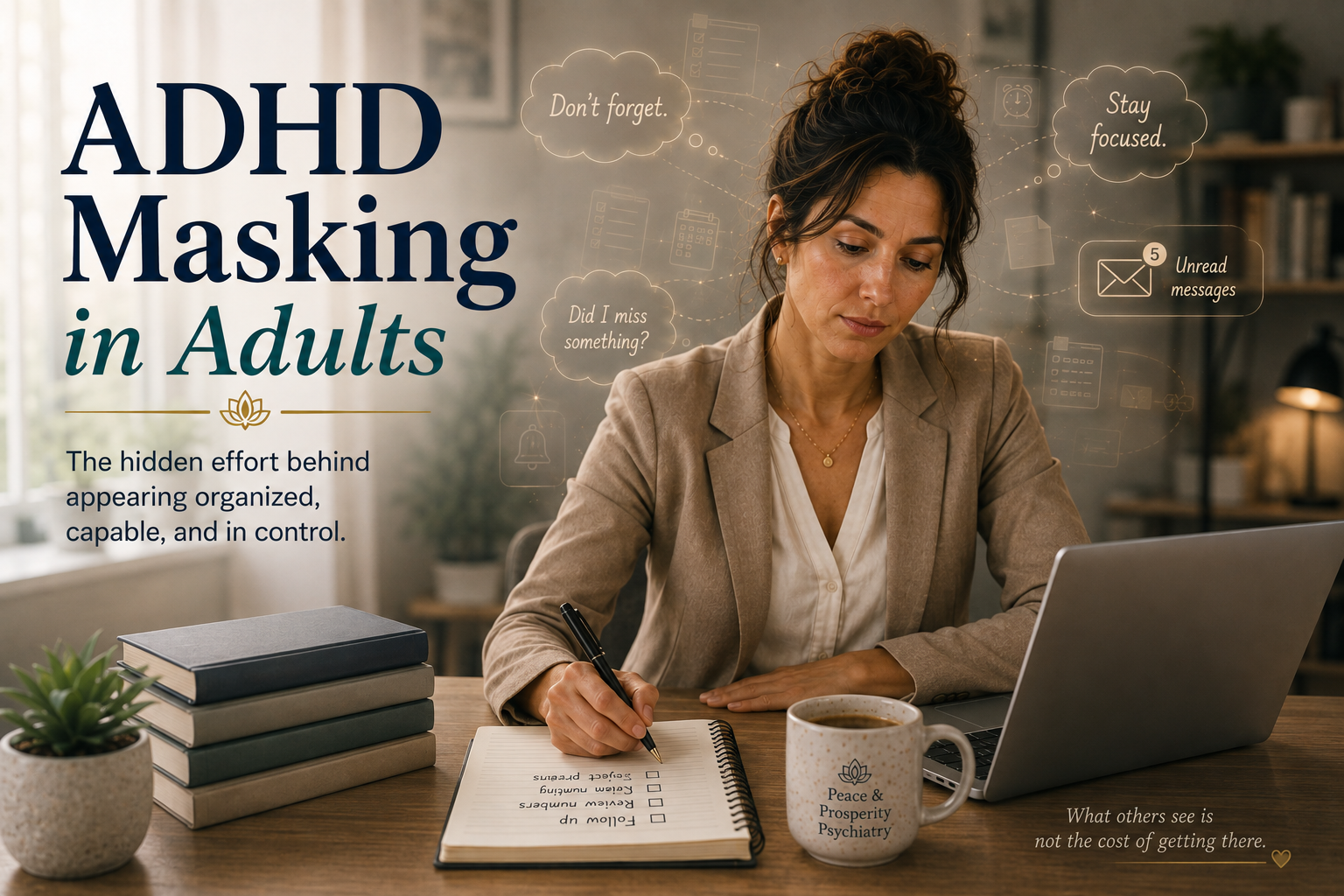 ADHD masking in adults infographic showing hidden ADHD symptoms, compensatory strategies, and the invisible effort behind appearing successful.