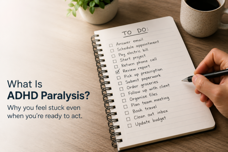 Adult ADHD to-do list showing multiple unfinished tasks and a person struggling to decide where to start, illustrating ADHD paralysis and executive dysfunction.