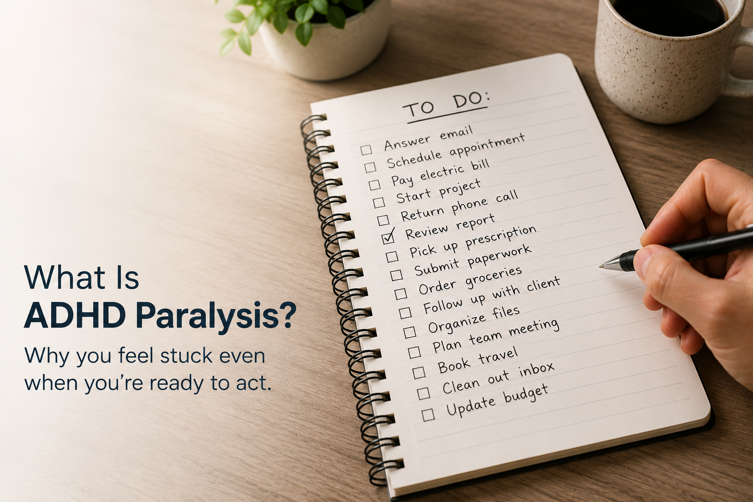 Adult ADHD to-do list showing multiple unfinished tasks and a person struggling to decide where to start, illustrating ADHD paralysis and executive dysfunction.