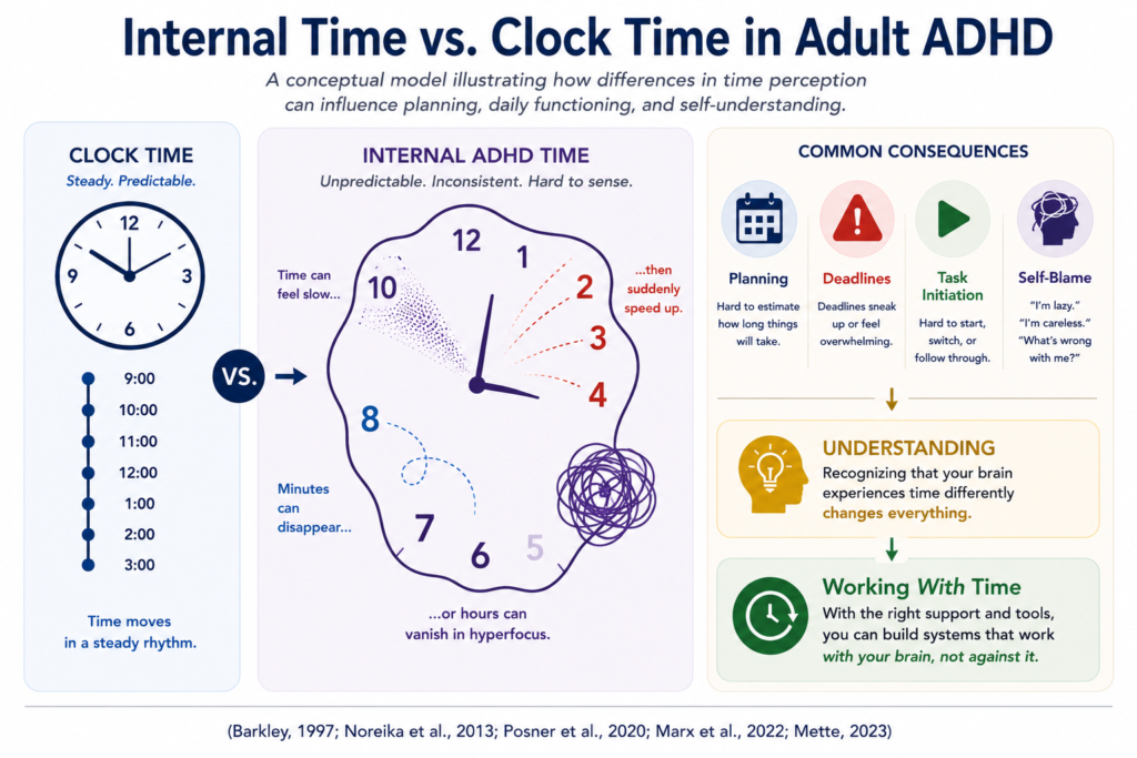 Educational infographic comparing clock time and internal time in adults with ADHD, illustrating how time blindness can affect planning, task initiation, deadlines, and self-understanding.