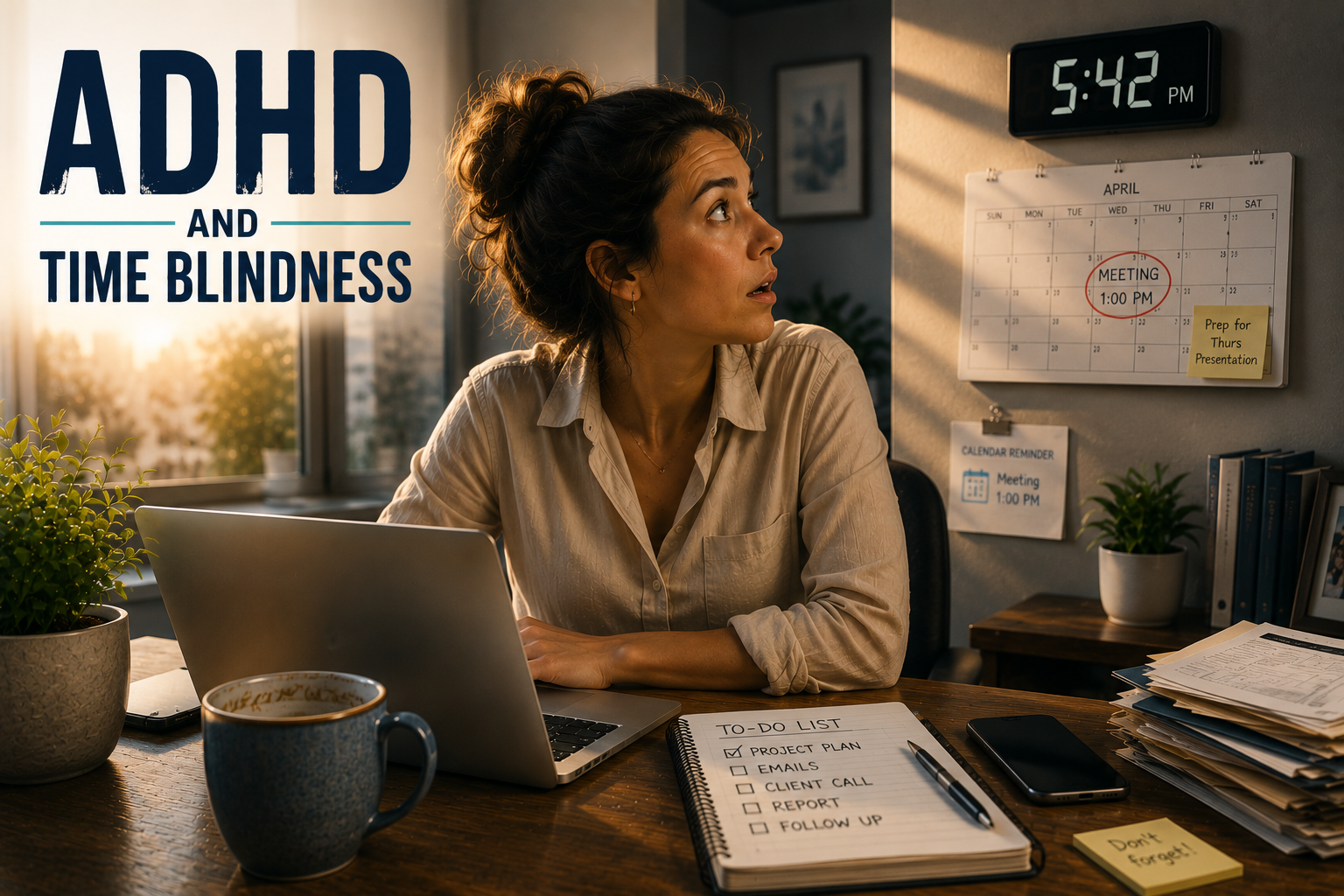 Professional woman working at her desk looks up in surprise after realizing hours have passed, illustrating time blindness in adults with ADHD.