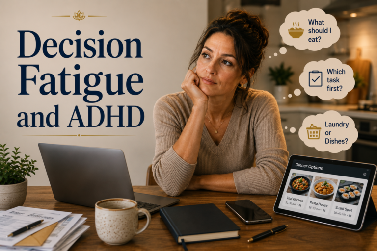Woman with ADHD experiencing decision fatigue while choosing between everyday tasks, meals, and priorities after work.