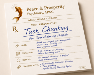 ADHD Skills Library prescription-style worksheet titled "Task Chunking for Overwhelming Projects" showing a practical ADHD strategy for breaking large tasks into smaller manageable steps.