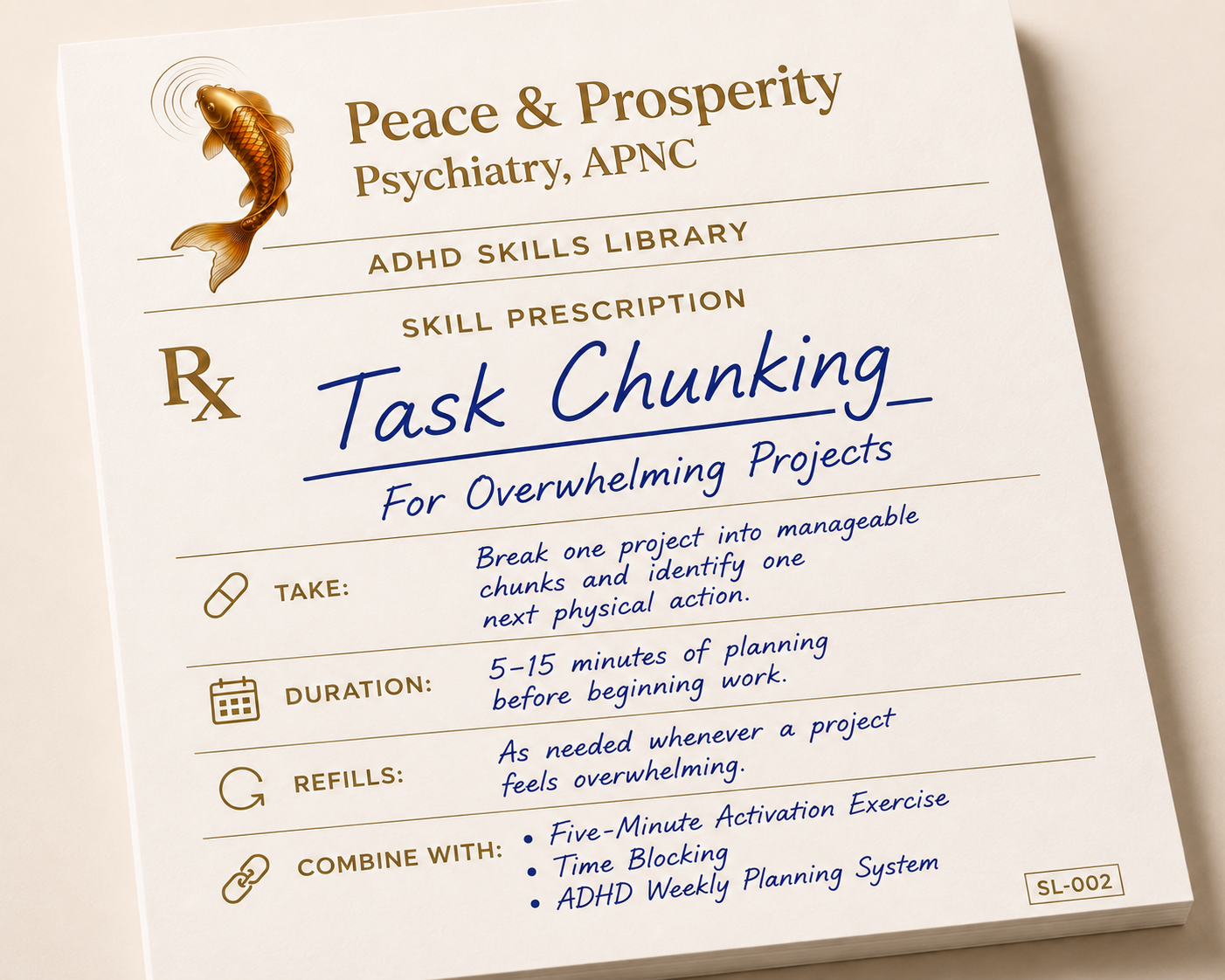 ADHD Skills Library prescription-style worksheet titled "Task Chunking for Overwhelming Projects" showing a practical ADHD strategy for breaking large tasks into smaller manageable steps.