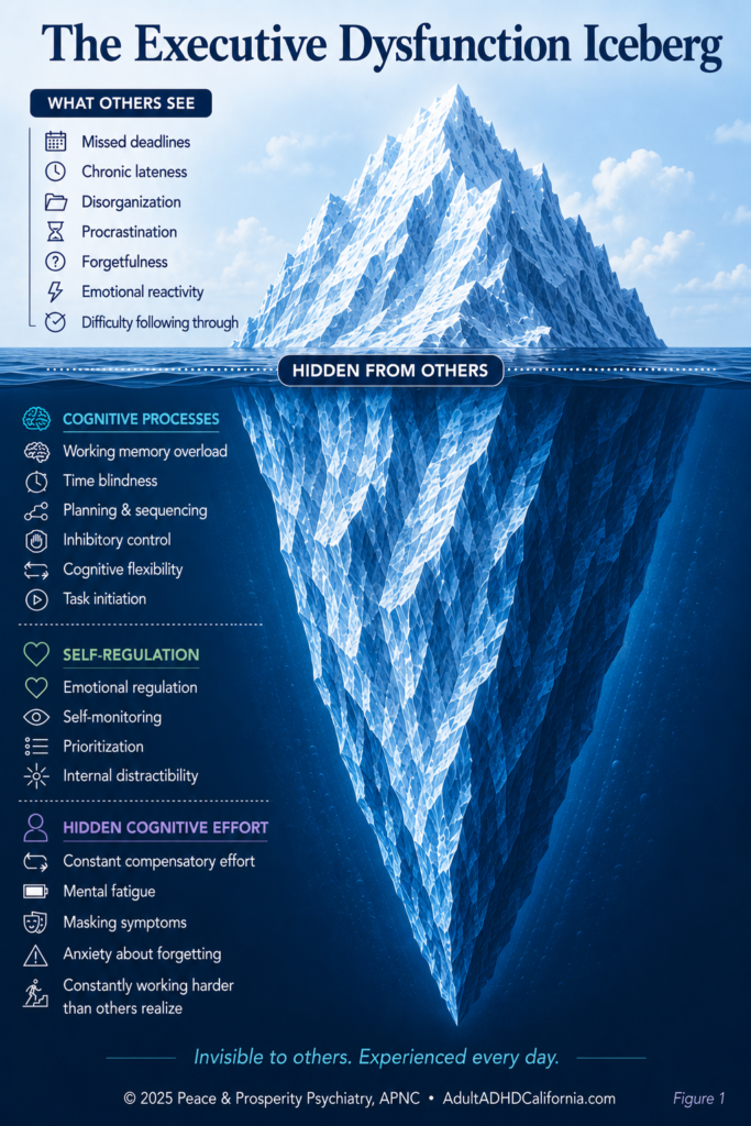 Adult ADHD and Executive Function infographic using an iceberg to illustrate how visible behaviors such as procrastination, disorganization, and missed deadlines are driven by hidden executive function challenges beneath the surface.