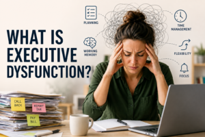 Adult experiencing executive dysfunction with difficulties related to planning, working memory, focus, and time management commonly seen in ADHD.