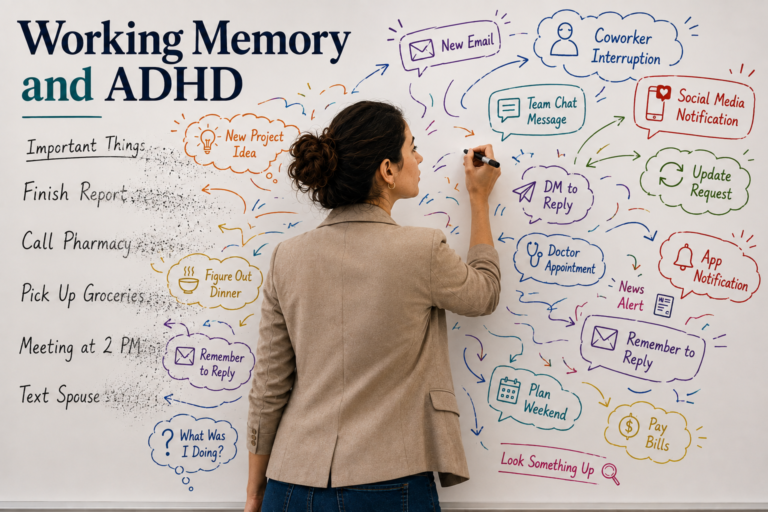 Working Memory and ADHD feature image showing a professional woman at a whiteboard as important tasks fade from view while emails, notifications, interruptions, and competing demands crowd the mental workspace.