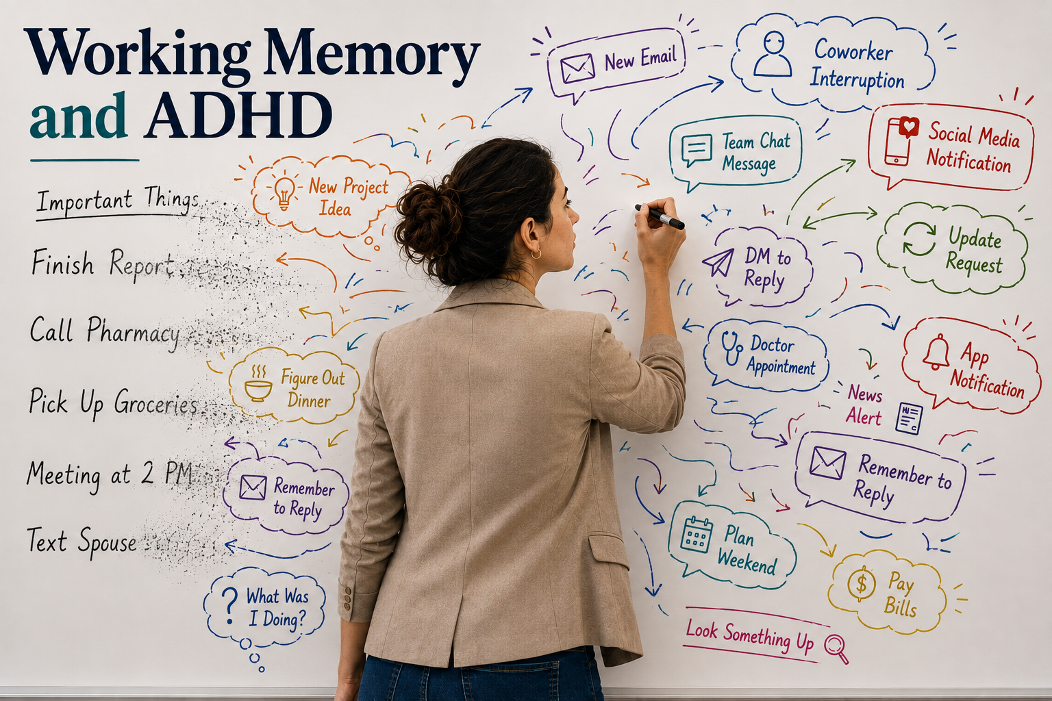 Working Memory and ADHD feature image showing a professional woman at a whiteboard as important tasks fade from view while emails, notifications, interruptions, and competing demands crowd the mental workspace.