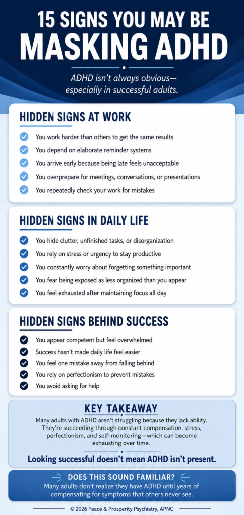 Infographic showing 15 common signs of ADHD masking in adults, including perfectionism, excessive preparation, reminder systems, fear of mistakes, chronic stress, and exhaustion.